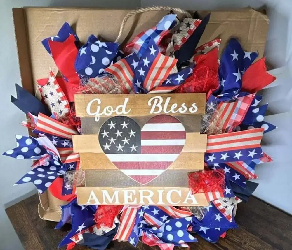 Patriotic Door Wreath, Independence Day Round Hanging 16inch Front Door Garland